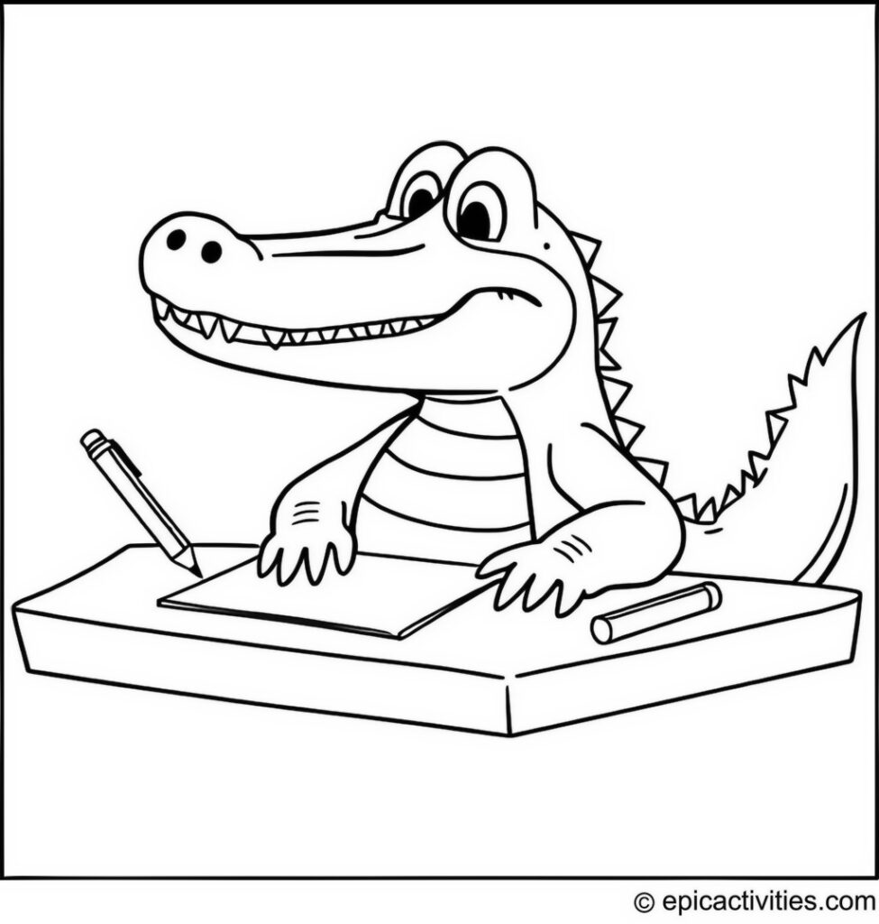 Coloring page of a Cute Alligator at a School Desk