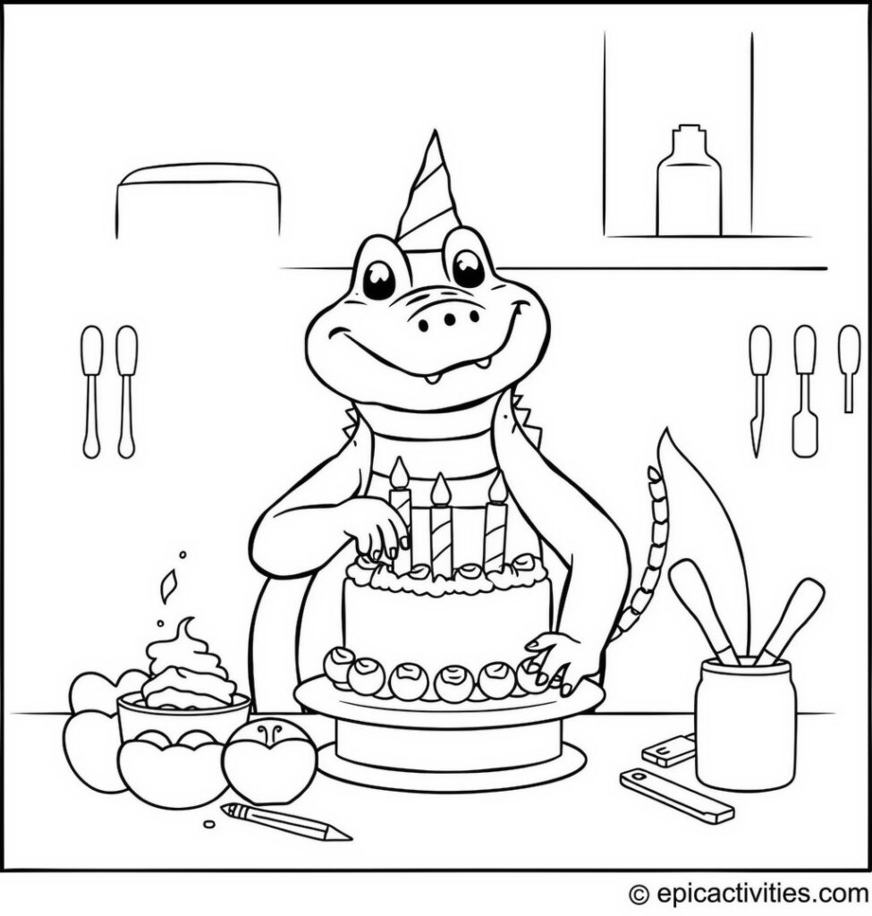 Coloring page of a Cute Alligator Baking a Birthday Cake