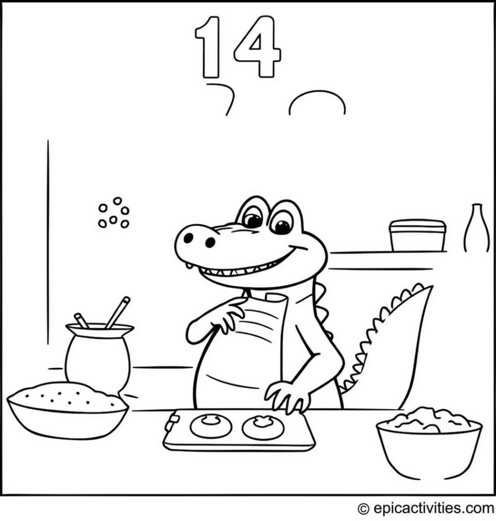 Coloring page of a Cute Alligator Baking Cookies