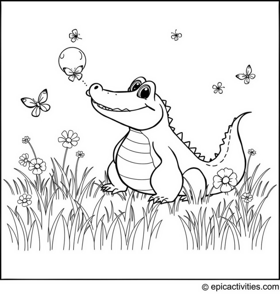 Coloring page of a Cute Alligator Blowing Bubbles in a Grassy Field