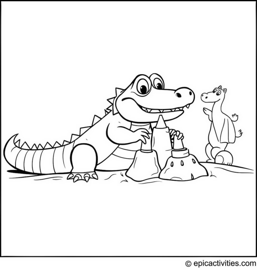 Coloring page of a cute alligator building a sandcastle at the beach