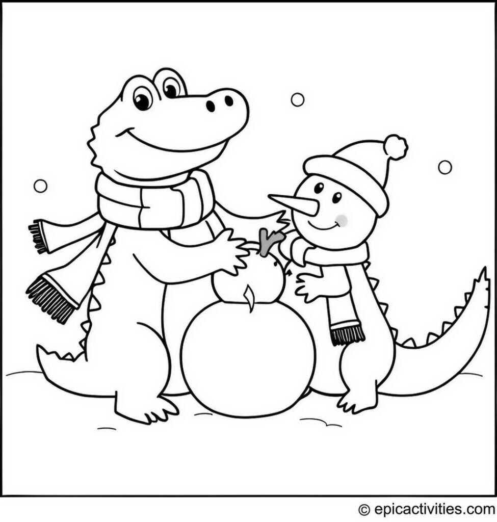 Coloring page of a Cute Alligator Building a Snowman