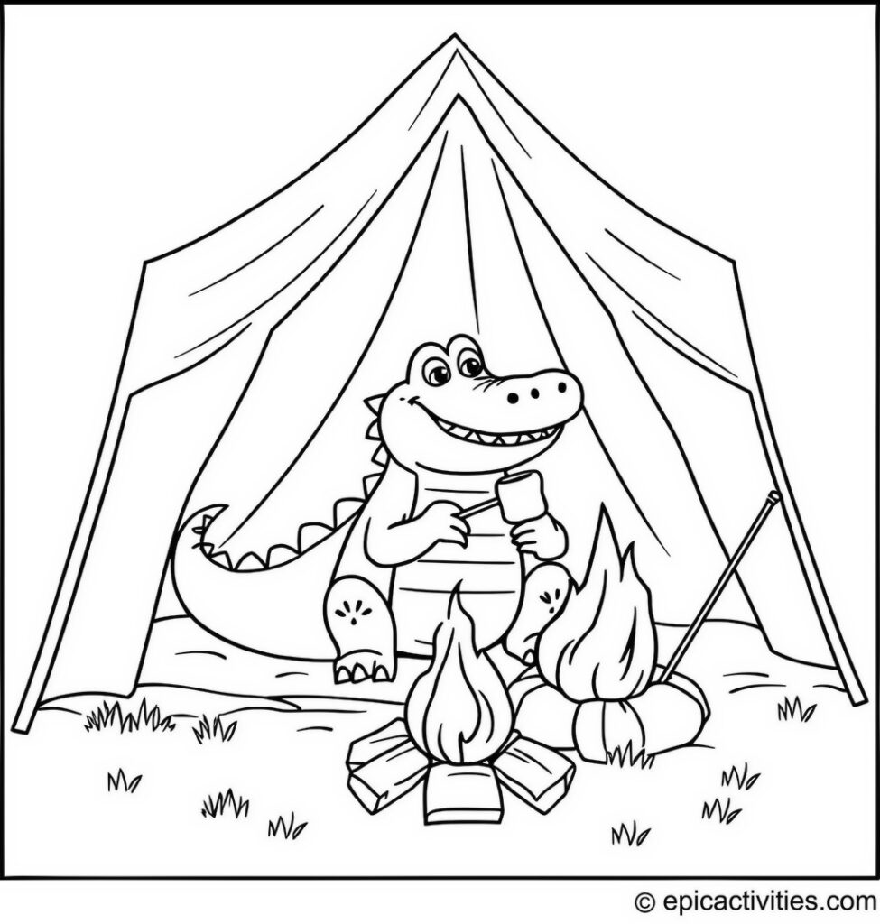 Coloring page of a Cute Alligator Camping in a Tent
