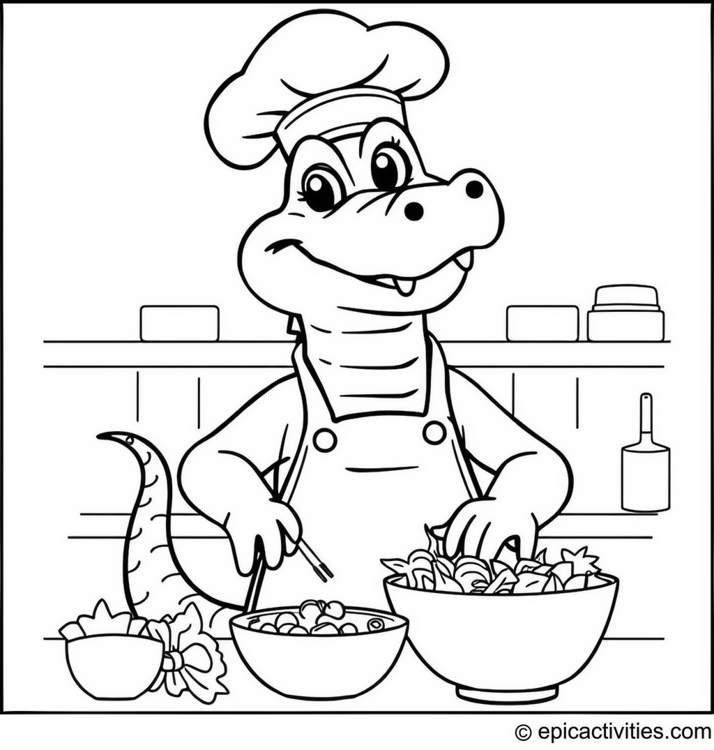 Coloring page of a Cute Alligator Chef Mixing Salad in the Kitchen