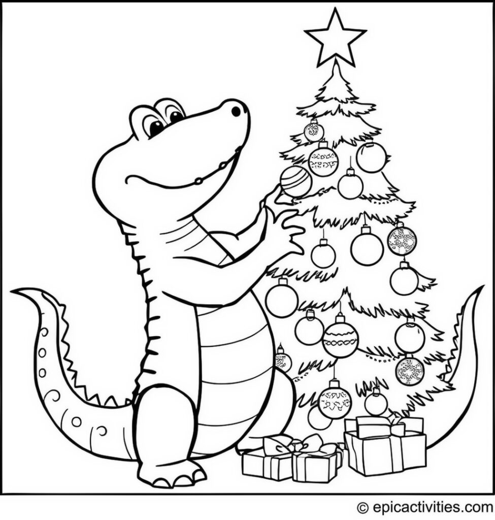 Coloring page of a Cute Alligator Decorating a Christmas Tree