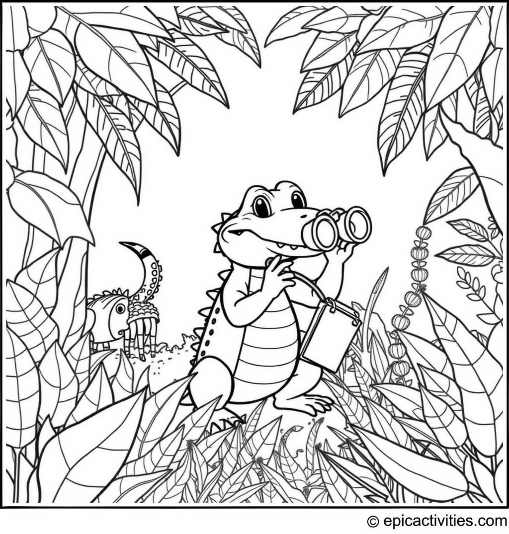 Coloring page of a Cute Alligator Exploring the Jungle with Binoculars and Journal
