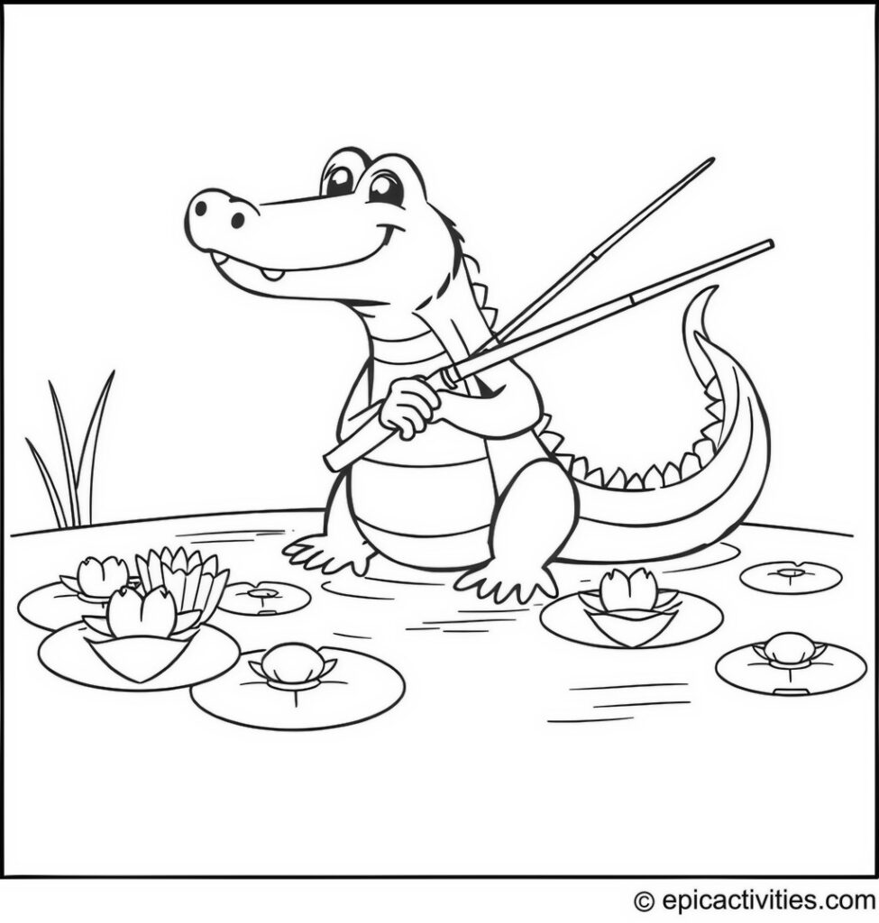 Coloring page of a Cute Alligator Fishing by the Pond
