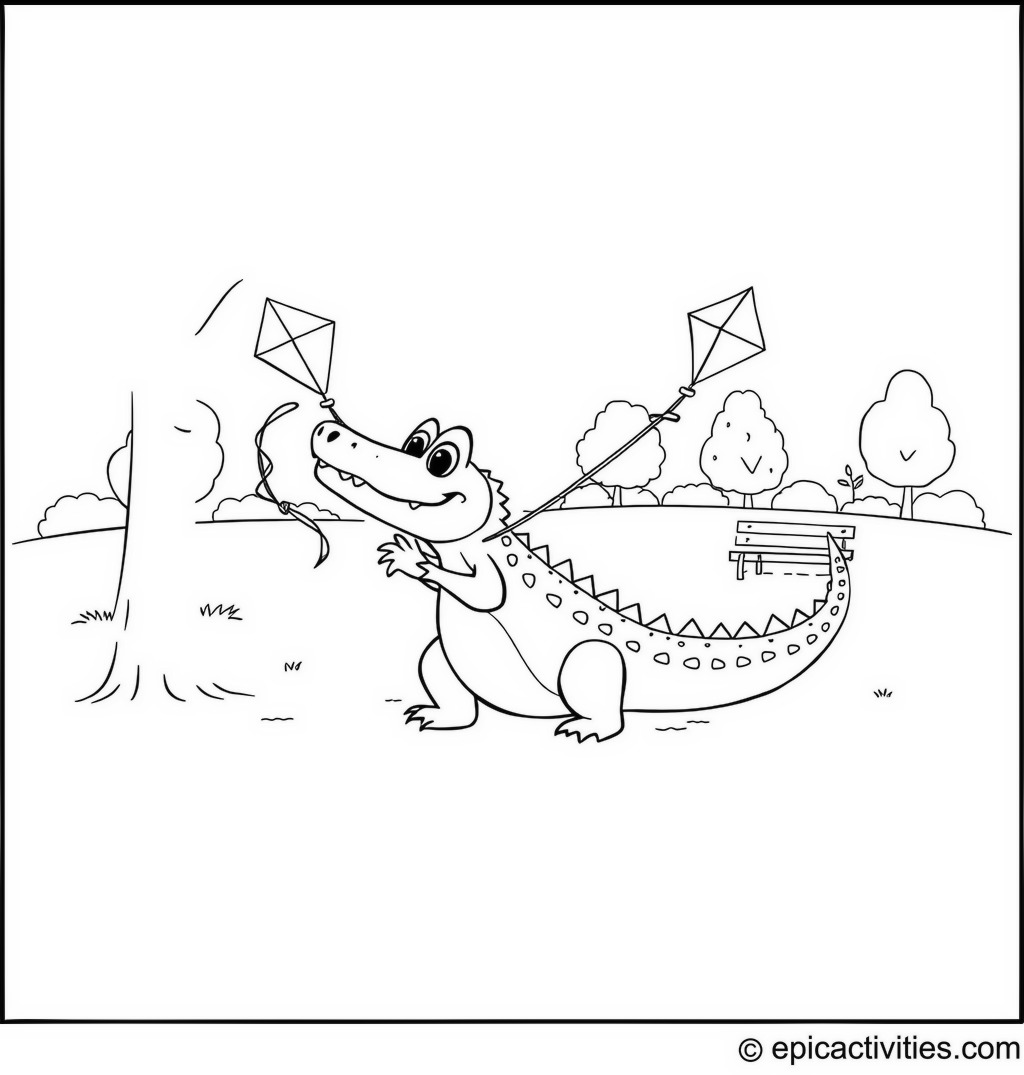 Coloring page of a Cute Alligator Flying a Kite