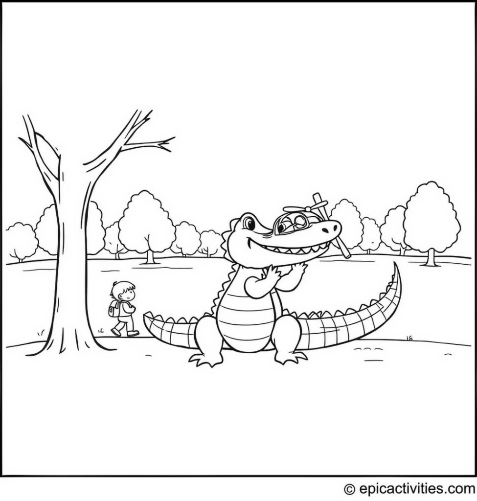 Coloring page of a Cute Alligator Flying a Model Airplane