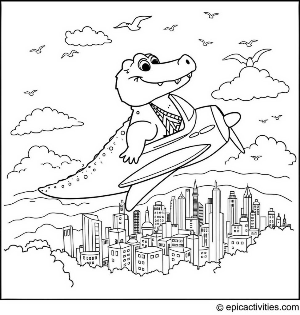 Coloring page of a Cute Alligator Flying an Airplane over a Colorful City