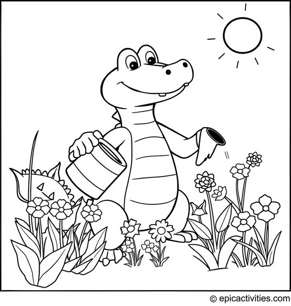 Coloring page of a Cute Alligator Gardener Watering Flowers