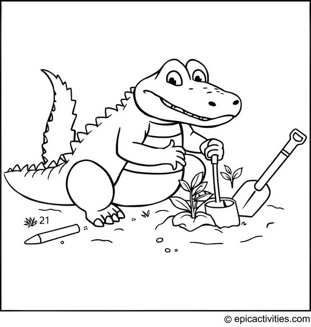 Coloring page of a Cute Alligator Gardening with Garden Tools