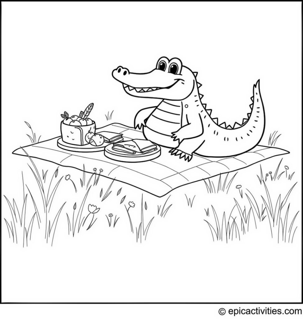 Coloring page of a cute alligator having a picnic in a sunny meadow