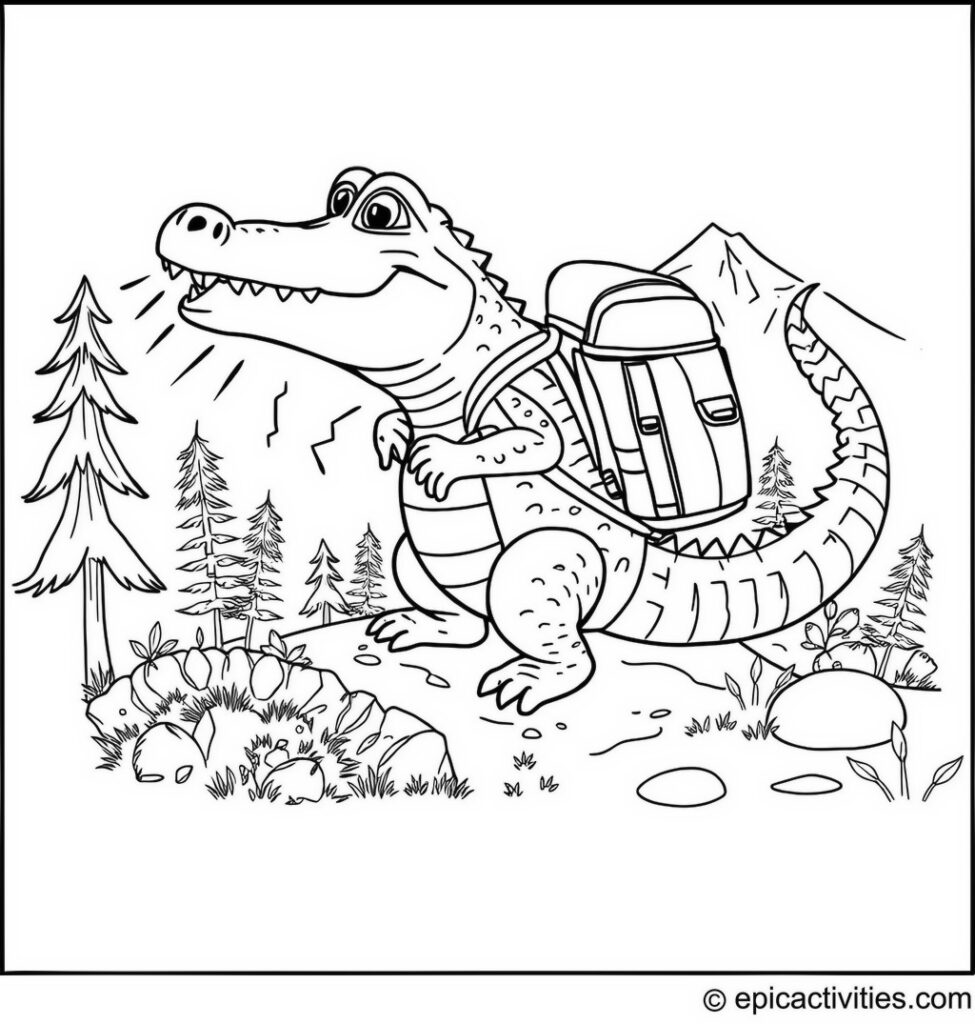 Coloring page of a Cute Alligator Hiking with a Backpack