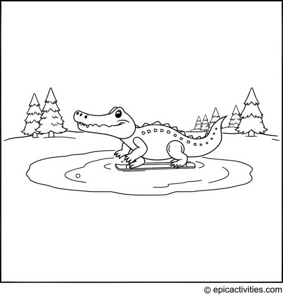 Coloring page of a Cute Alligator Ice Skating on a Frozen Pond