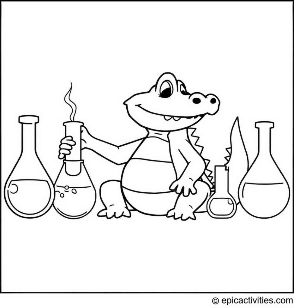 Coloring page of a Cute Alligator in a Science Experiment