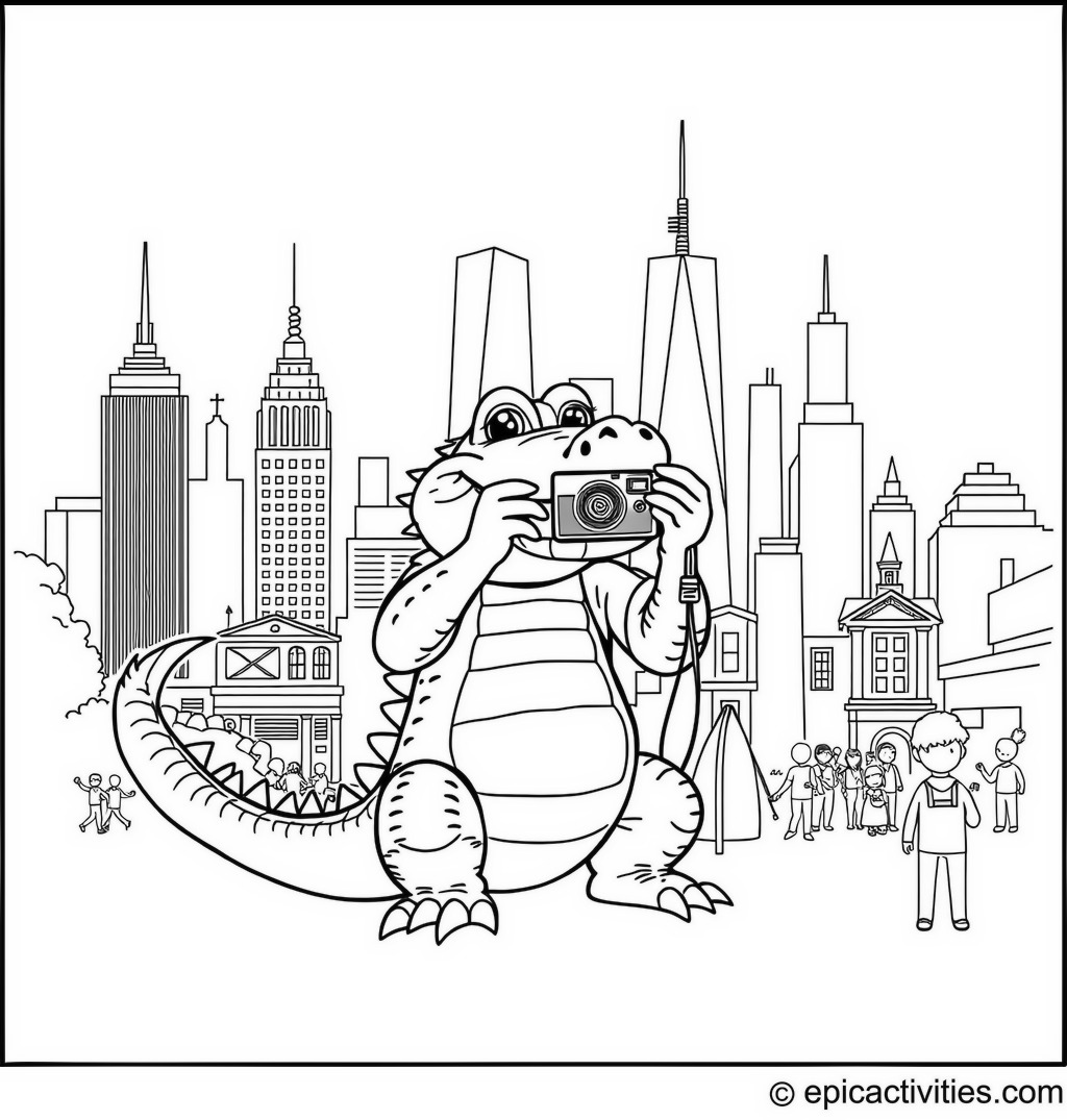 Coloring page of a Cute Alligator in the City Taking Photos