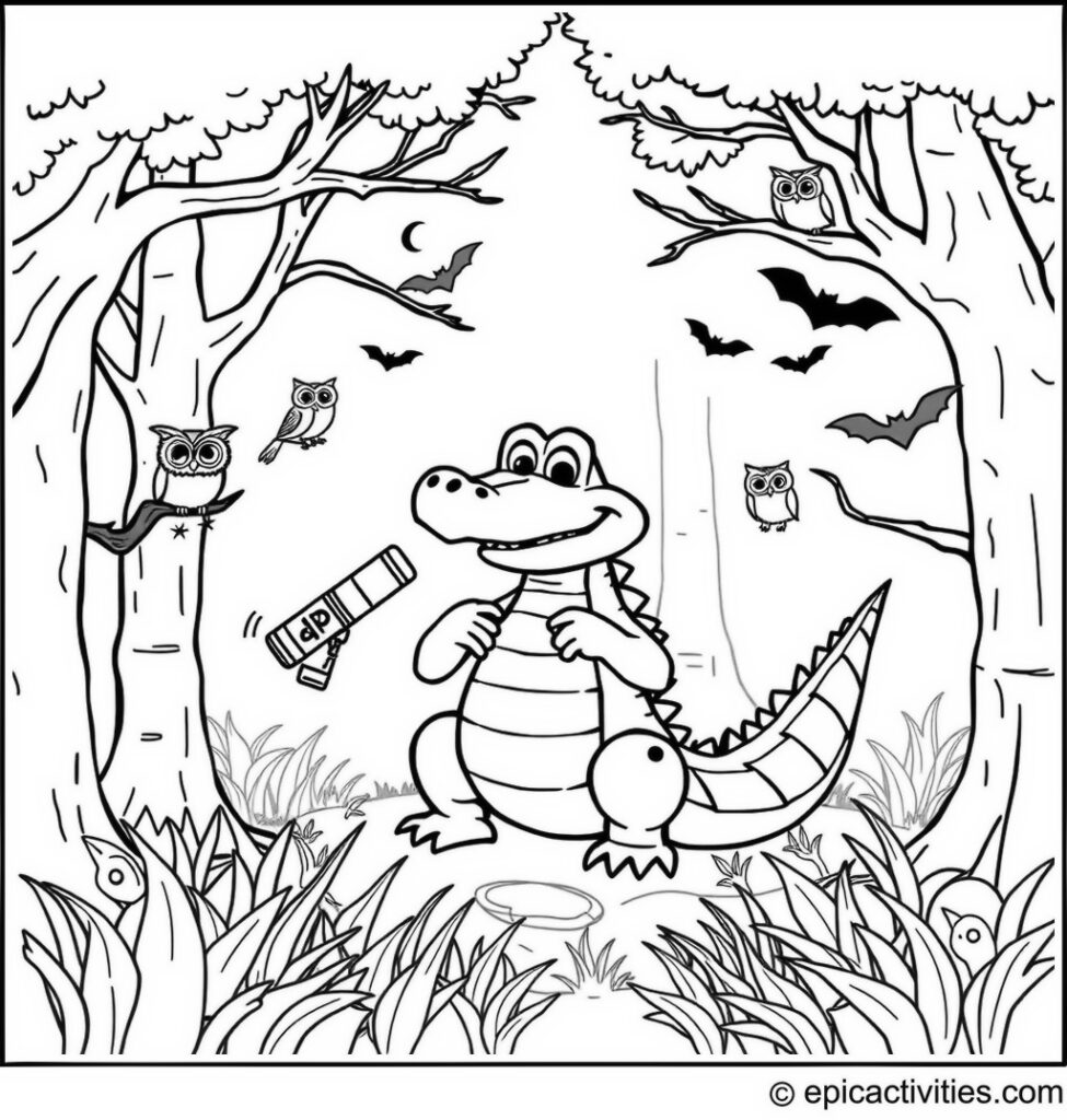 Coloring page of a Cute Alligator Investigating a Spooky Forest