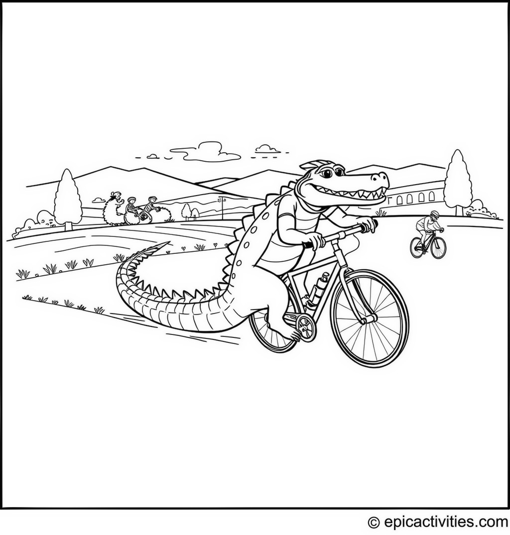 Coloring page of a Cute Alligator Joining a Bicycle Race