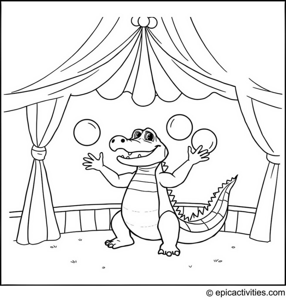 Coloring page of a Cute Alligator Juggling Colorful Balls in a Circus Tent