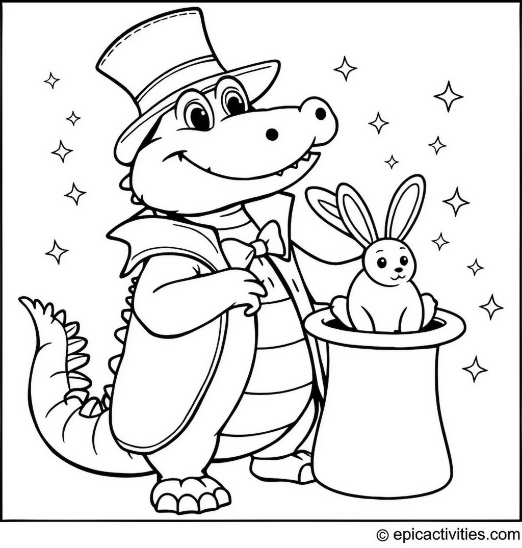 Coloring page of a Cute Alligator Magician with Sparkling Rabbit Trick
