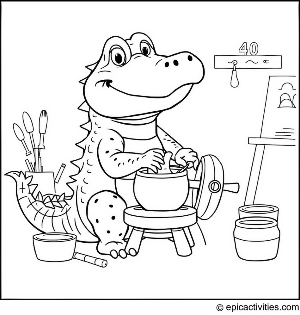 Coloring page of a cute alligator making pottery in an art studio