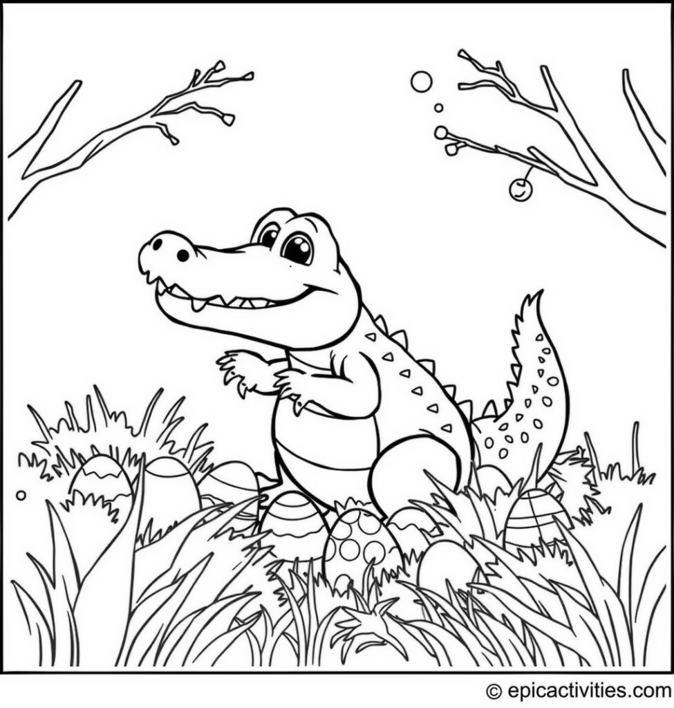 Coloring page of a Cute Alligator on an Egg Hunt