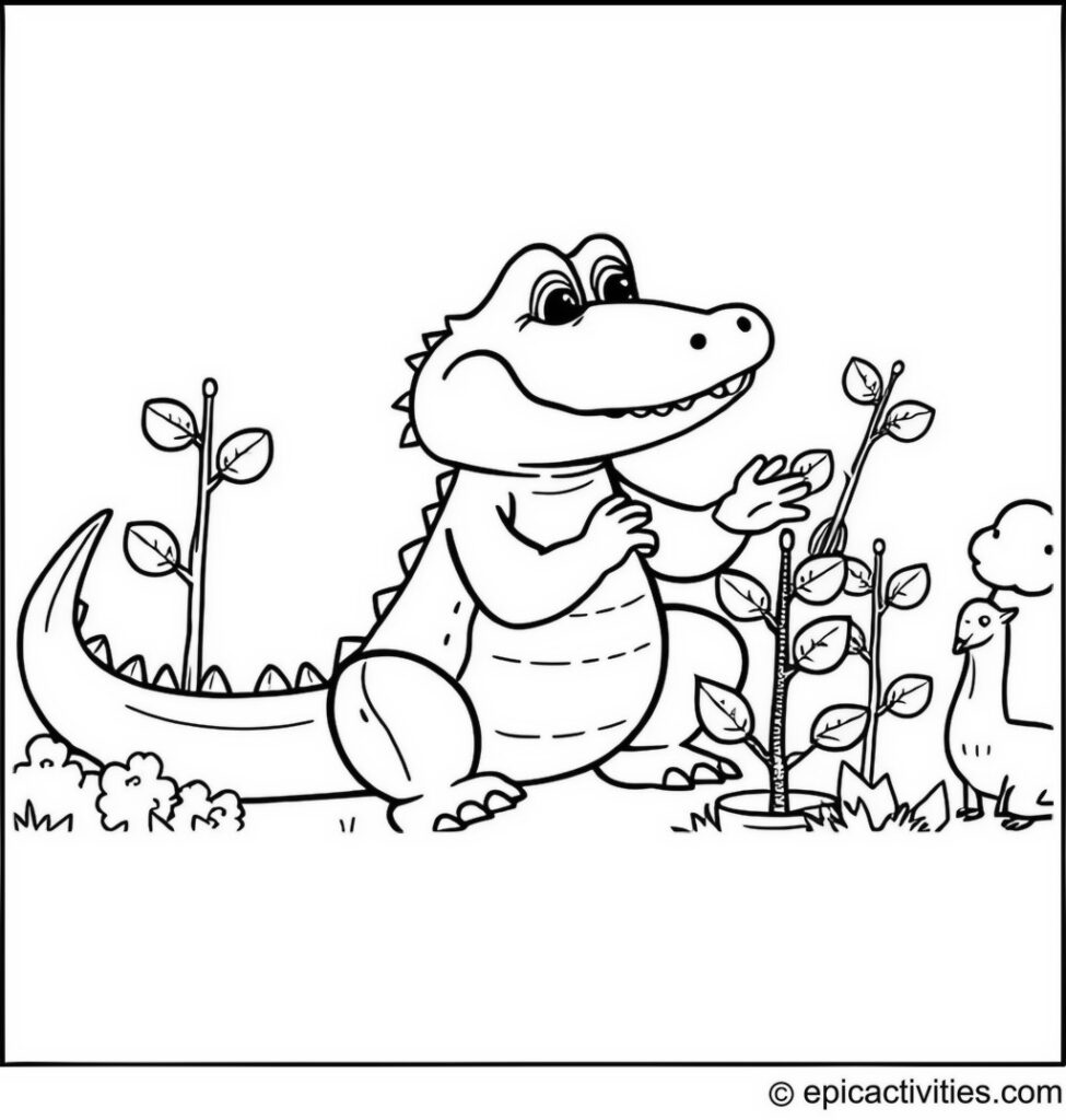 Coloring page of a cute alligator planting trees in a community garden