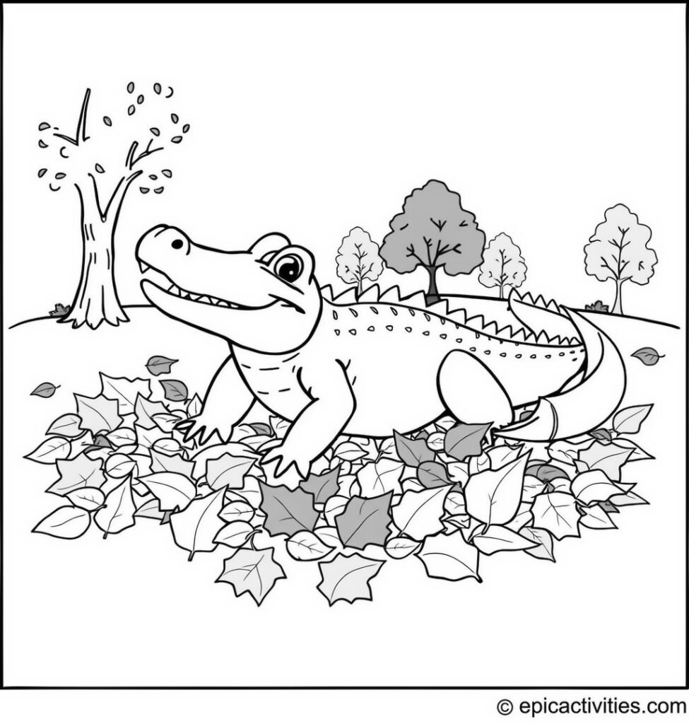 Coloring page of a Cute Alligator Playing in Autumn Leaves