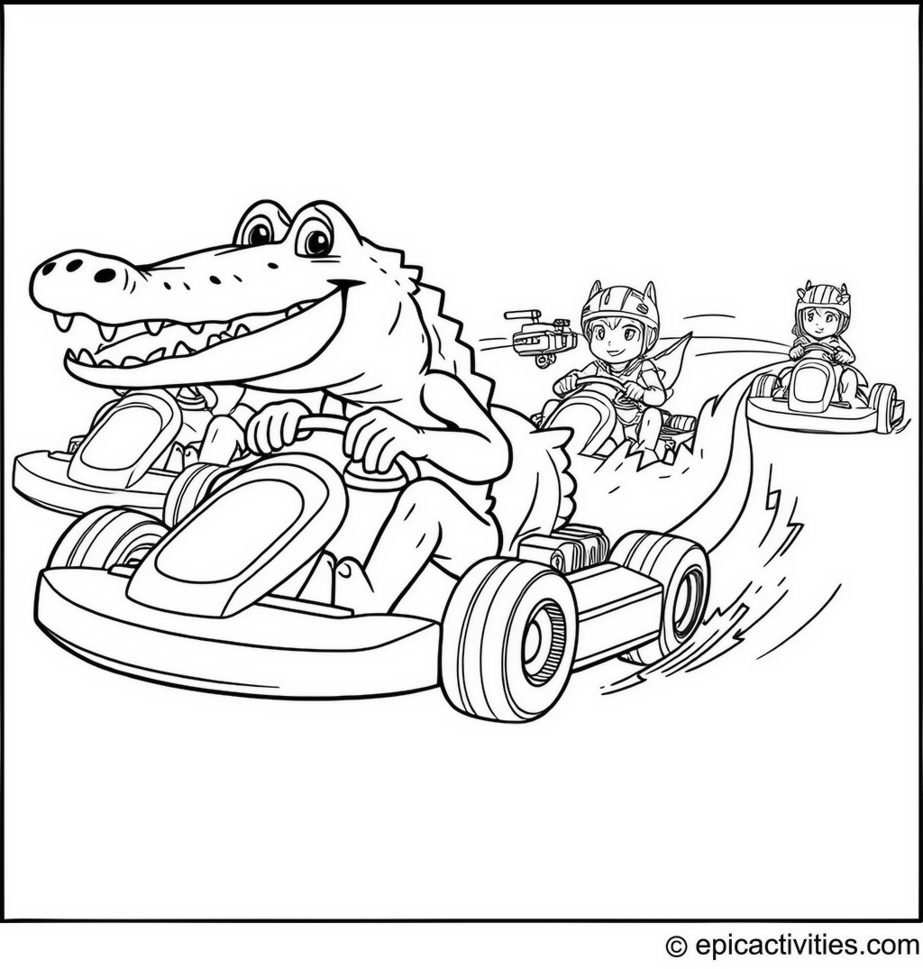 Coloring page of a Cute Alligator Racing Go-Karts with Other Animals