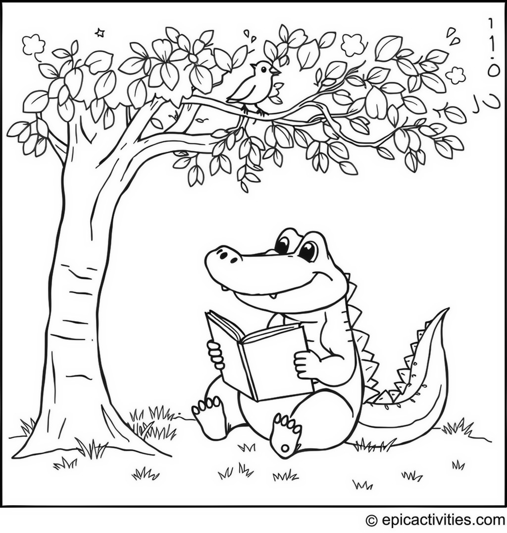 Coloring page of a Cute Alligator Reading a Book