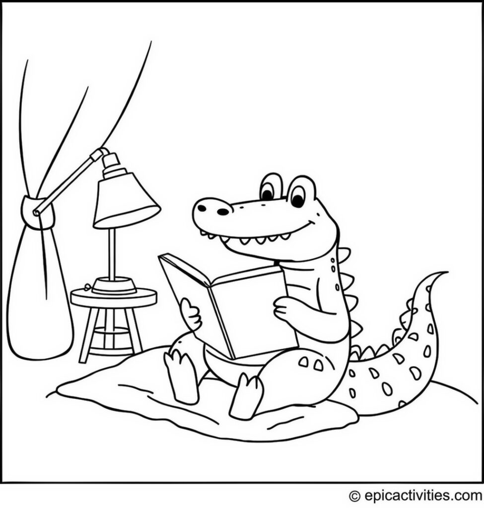 Coloring page of a cute alligator reading bedtime stories in a cozy room