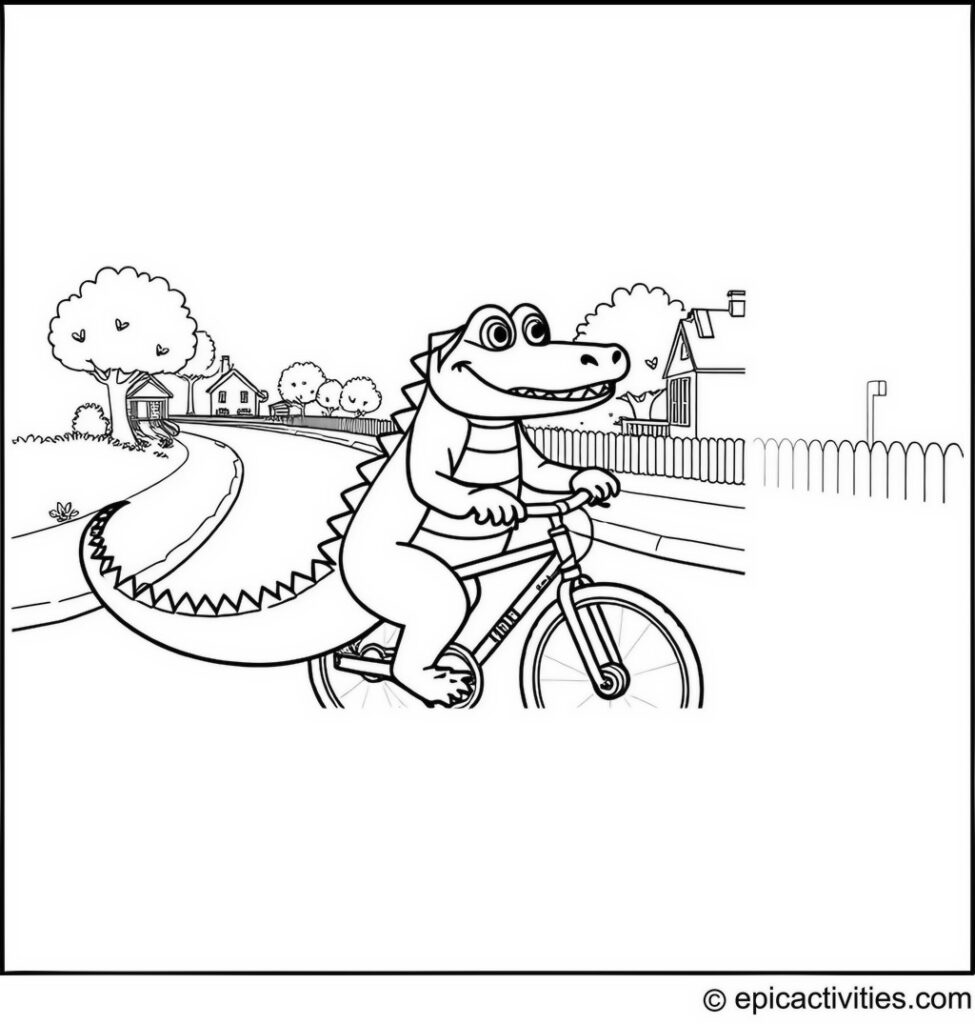 Coloring page of a Cute Alligator Riding a Bicycle