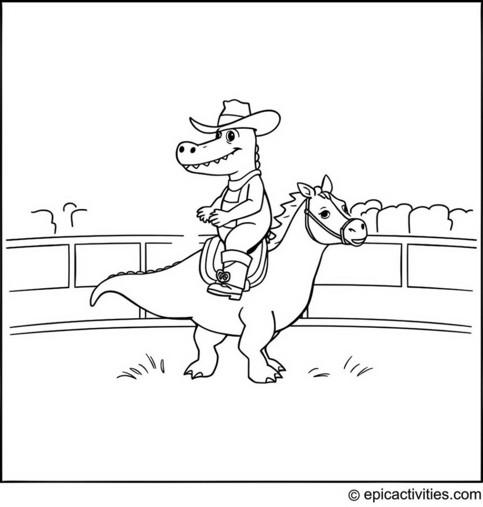 Coloring page of a Cute Alligator Riding a Horse at the Rodeo