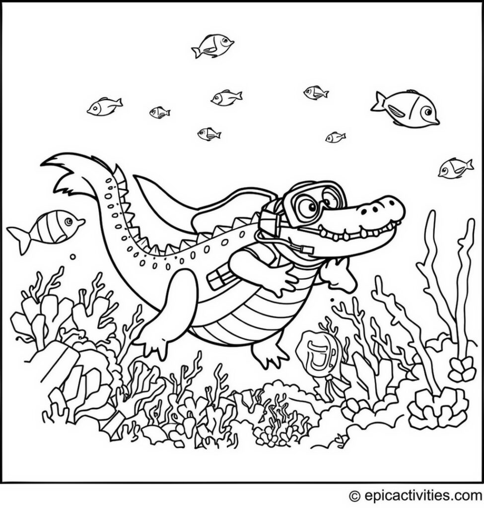 Coloring page of a Cute Alligator Scuba Diving at a Sunken Shipwreck