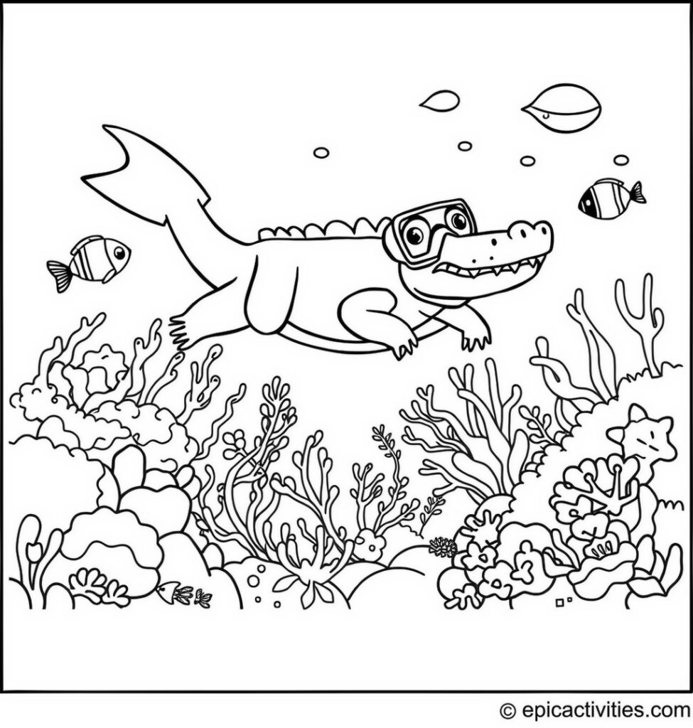 Coloring page of a Cute Alligator Scuba Diving Underwater with Colorful Fish and Coral Reefs