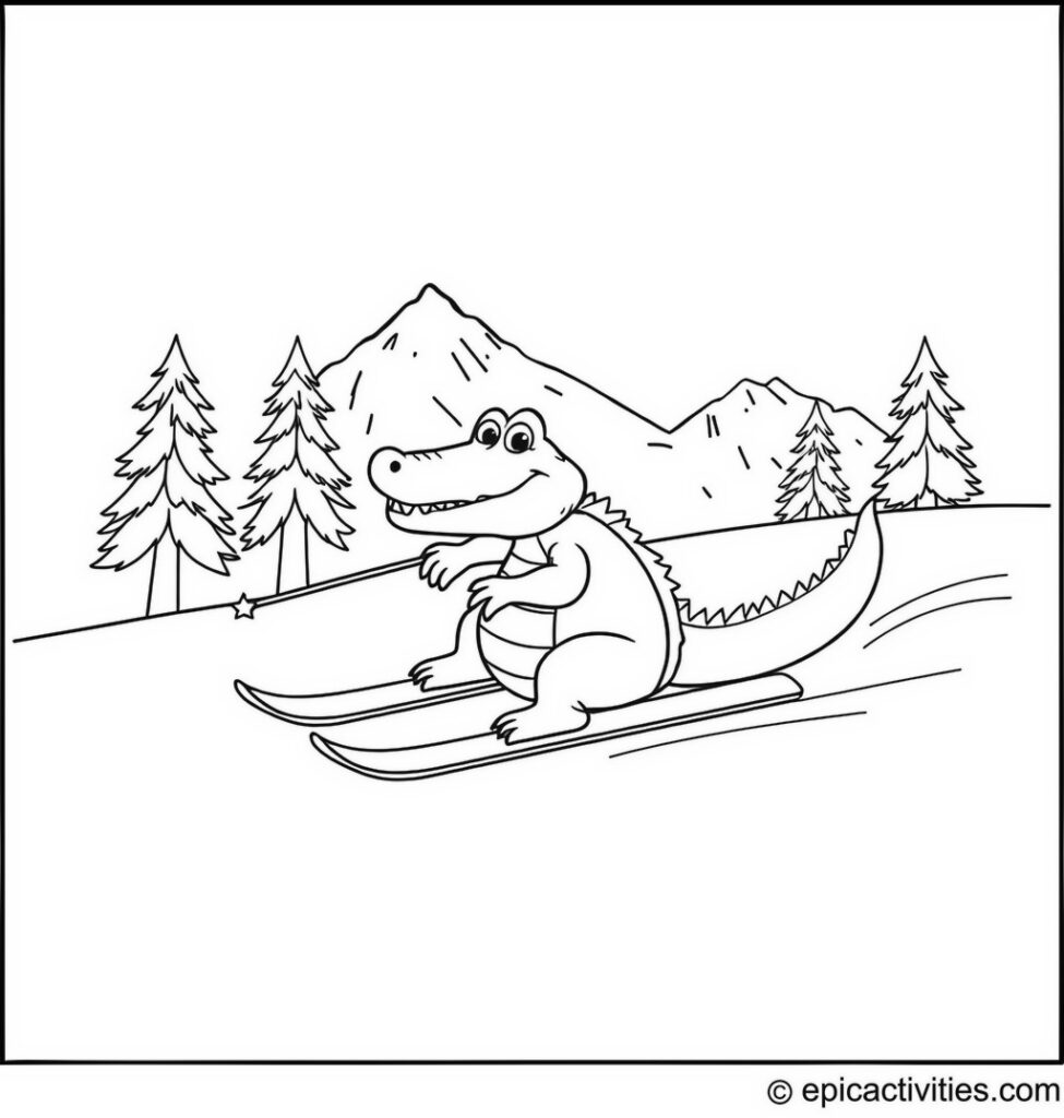 Coloring page of a Cute Alligator Skiing Down a Snowy Mountain