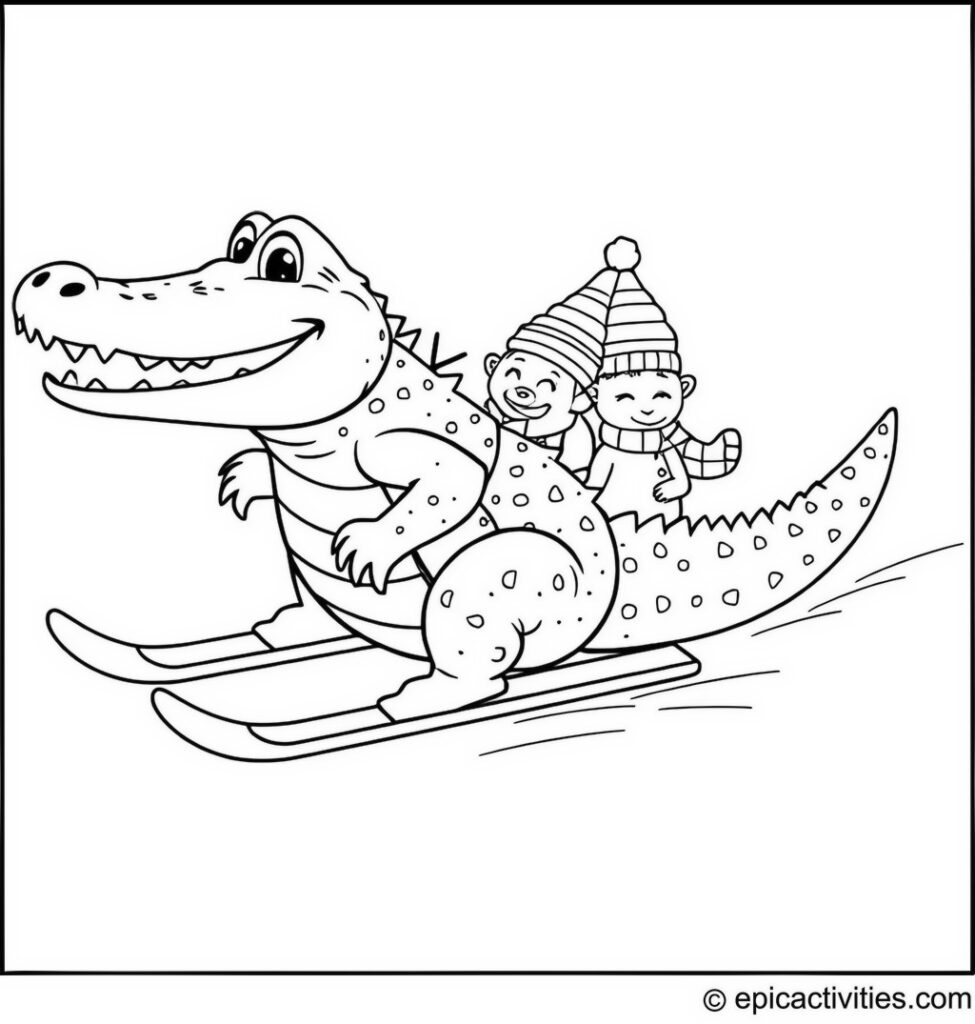 Coloring page of a cute alligator skiing with animal friends in the snow