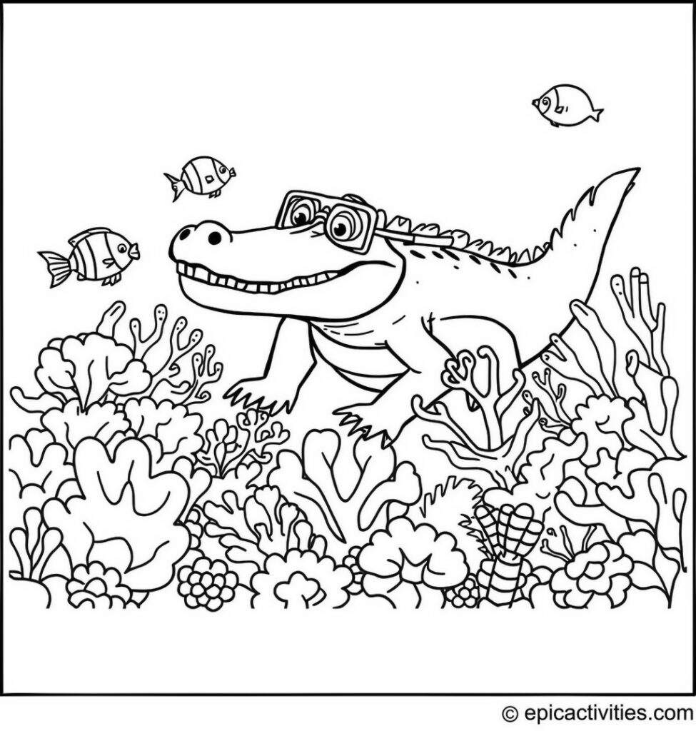 Coloring page of a Cute Alligator Snorkeling with Tropical Fish and Coral Reefs