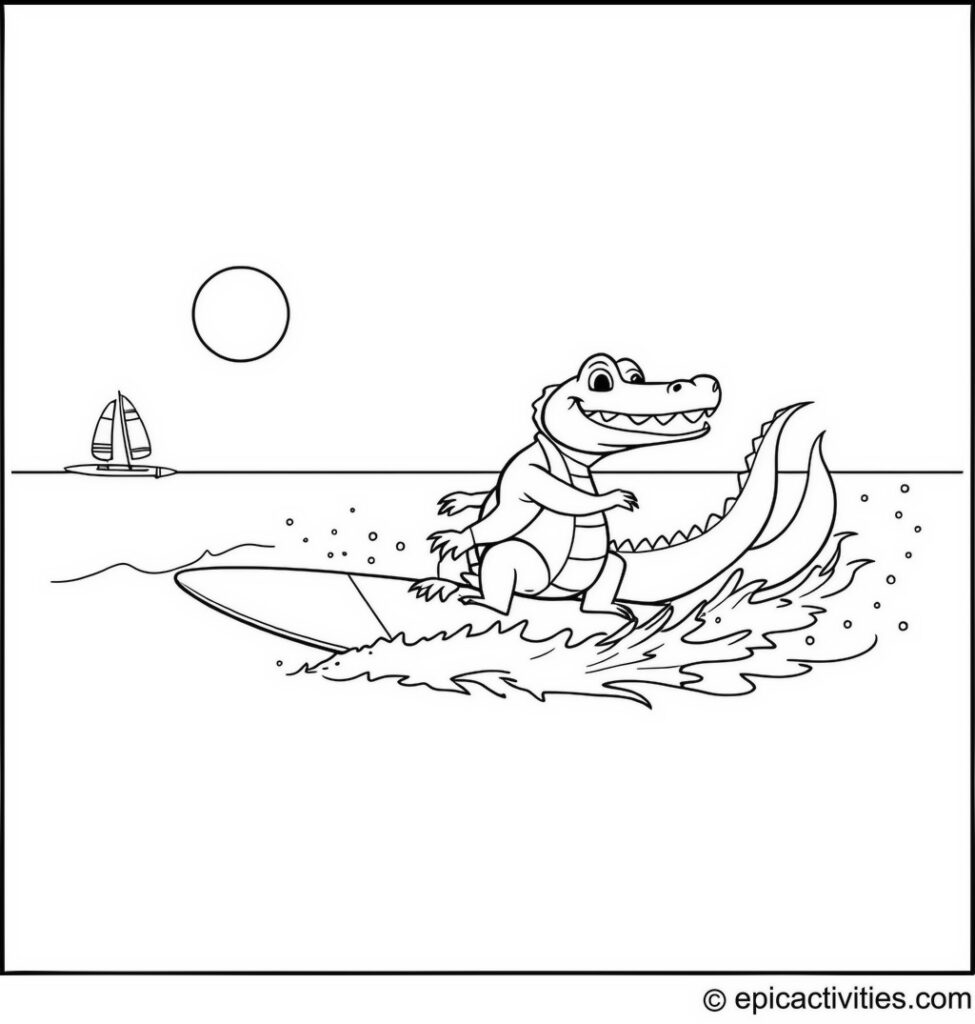 Coloring page of a Cute Alligator Windsurfing on a Sunny Beach