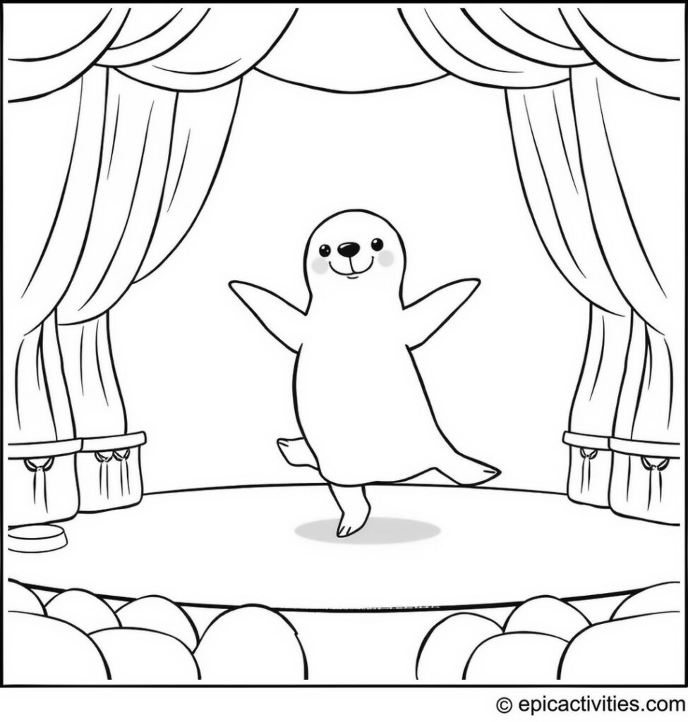 Coloring page of a Cute Ballet Dancing Seal in a Whimsical Theatre