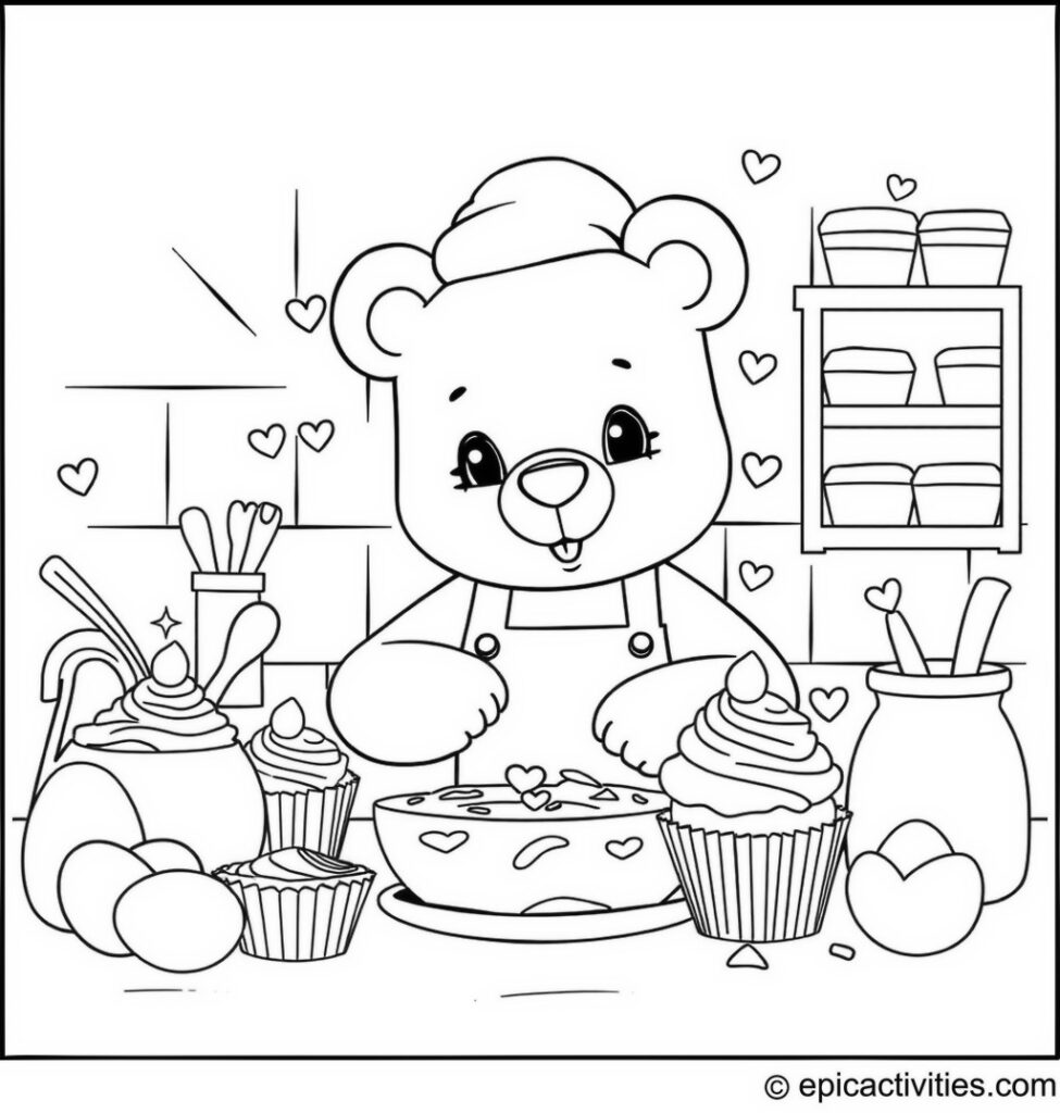 Coloring page of a Cute Bear Baking Cupcakes in a Cartoon Kitchen