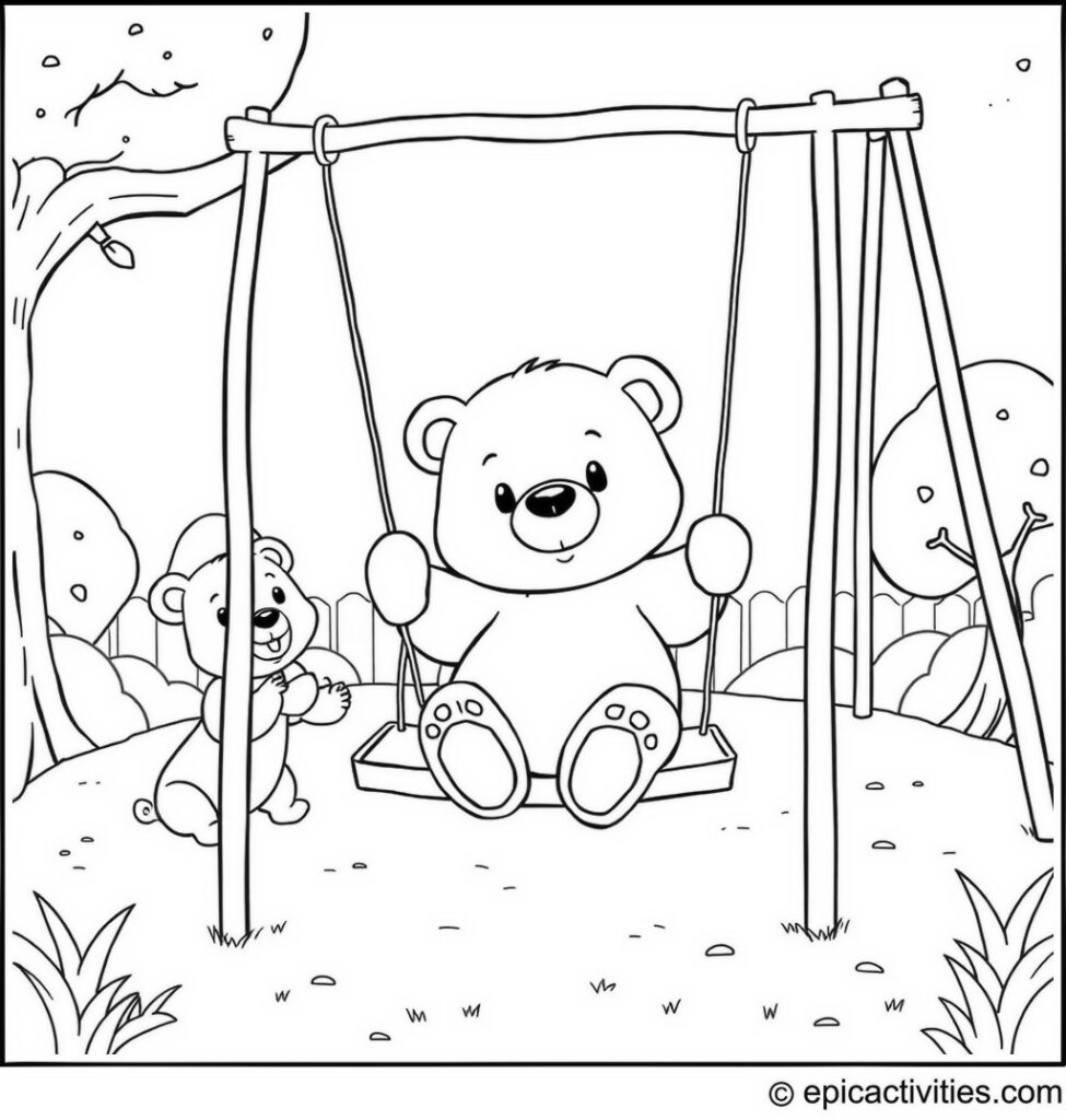 Coloring page of a cute bear cub playing on a swing in a fun playground
