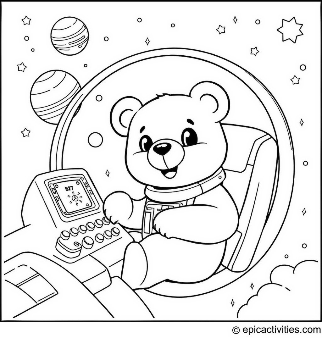Coloring page of a Cute Bear Exploring Outer Space in a Spaceship