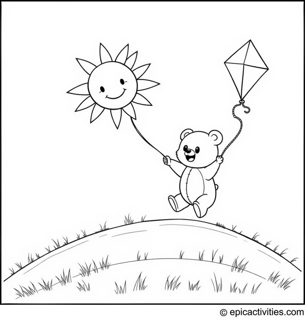 Coloring page of a cute bear flying a smiling sun kite on a breezy hill