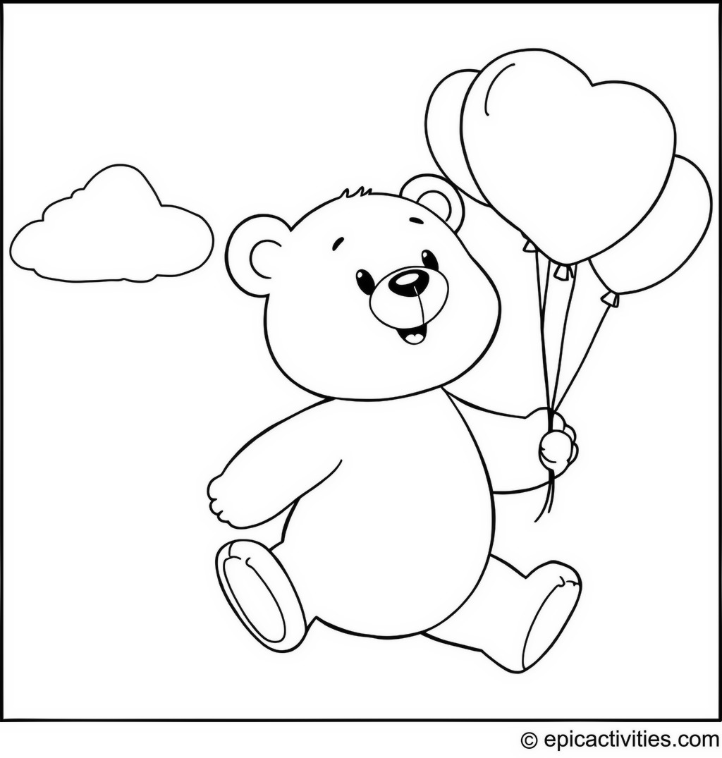 Coloring page of a Cute Bear Flying with Balloons