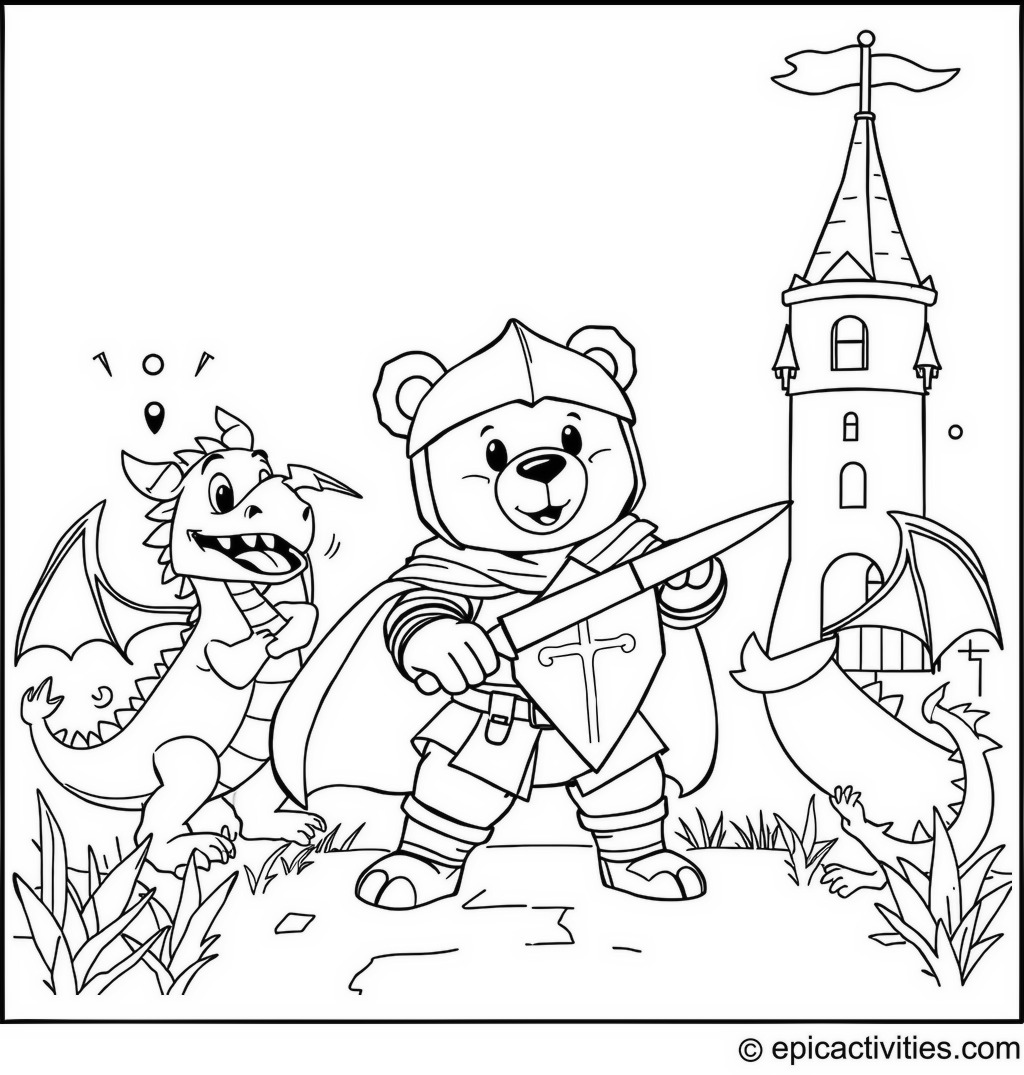 Coloring page of a cute bear knight fighting dragons in a castle
