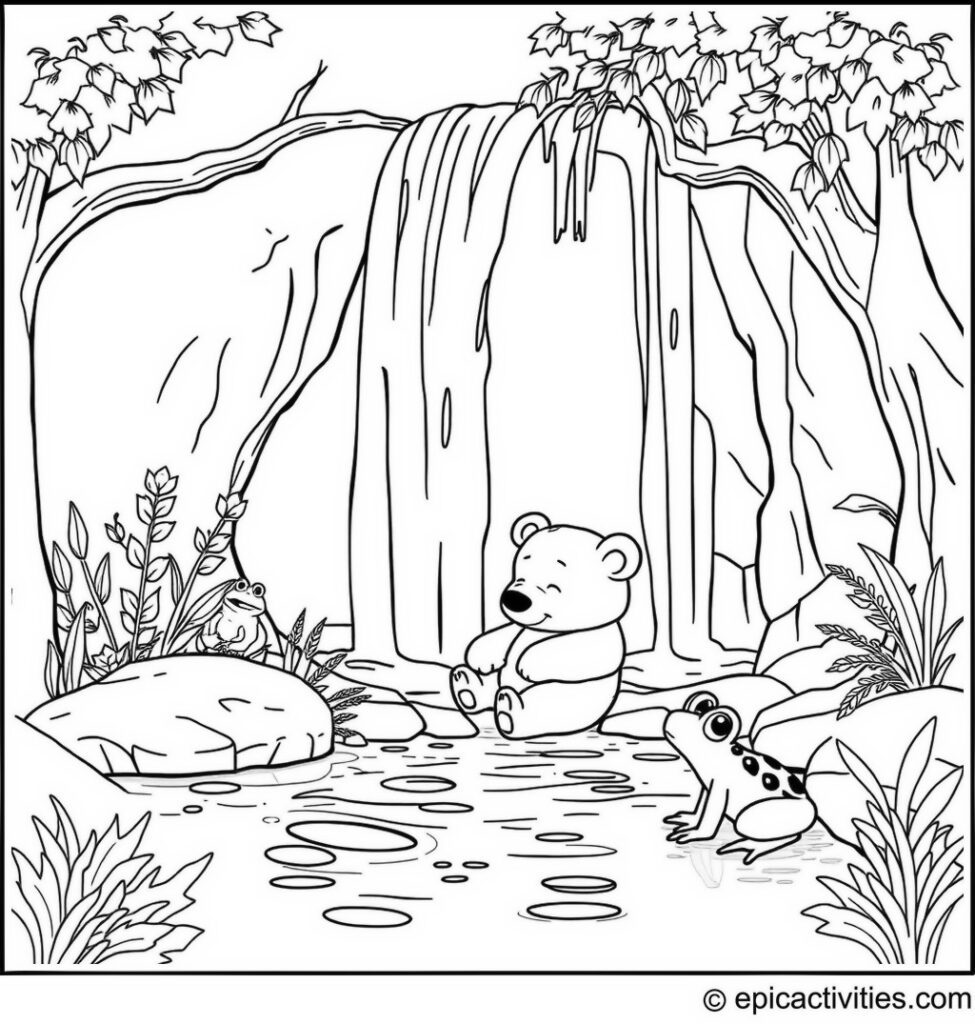 Coloring page of a Cute Bear Napping Under a Waterfall with Singing Frogs
