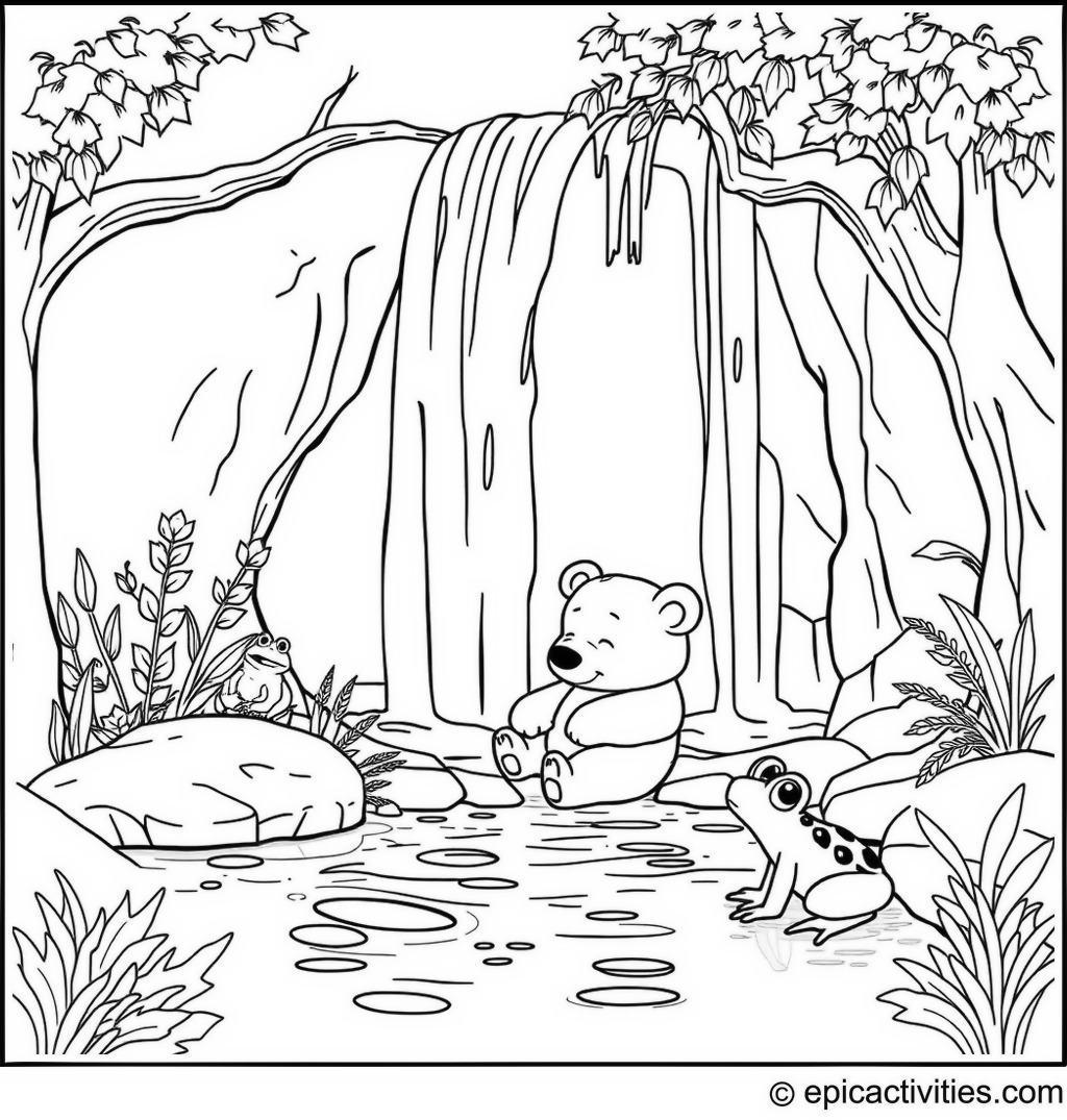 Coloring page of a Cute Bear Napping Under a Waterfall with Singing Frogs