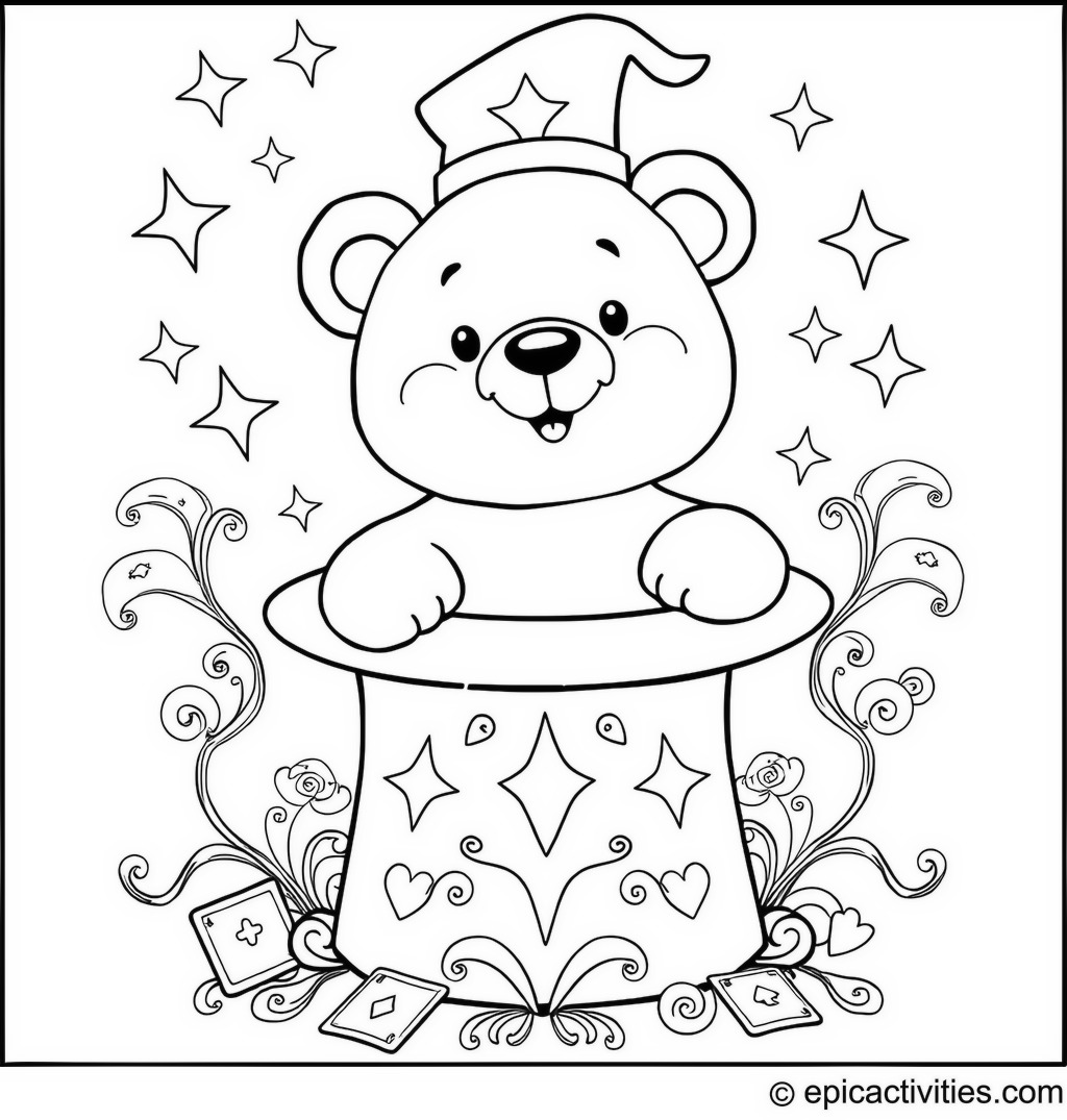 Coloring page of a cute bear popping out of a magical hat with sparkles